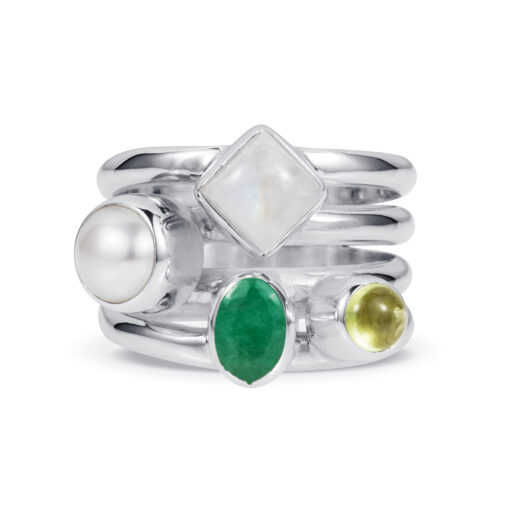 Sterling Silver Four Band Ring with Emerald Moonstone Tourmaline Pearl R034EMT W1 e1634376695807 Sterling Silver Four Band Ring with Emerald Moonstone Tourmaline Pearl R034EMT W1 e1634376695807